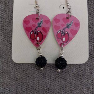 CHERRIES GUITAR PICK EARRINGS WITH BLACK PAVE BEAD BALLS